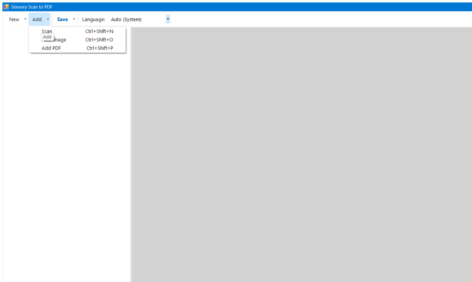 The Add split-button menu showing Scan (Ctrl+Shift+N), Add Image (Ctrl+Shift+O), and Add PDF (Ctrl+Shift+P).