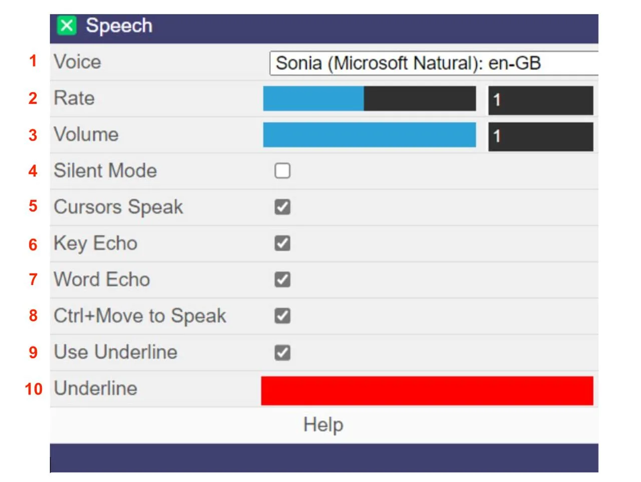 Readable Notes speech settings panel on Windows showing voice selection, rate, volume and other options