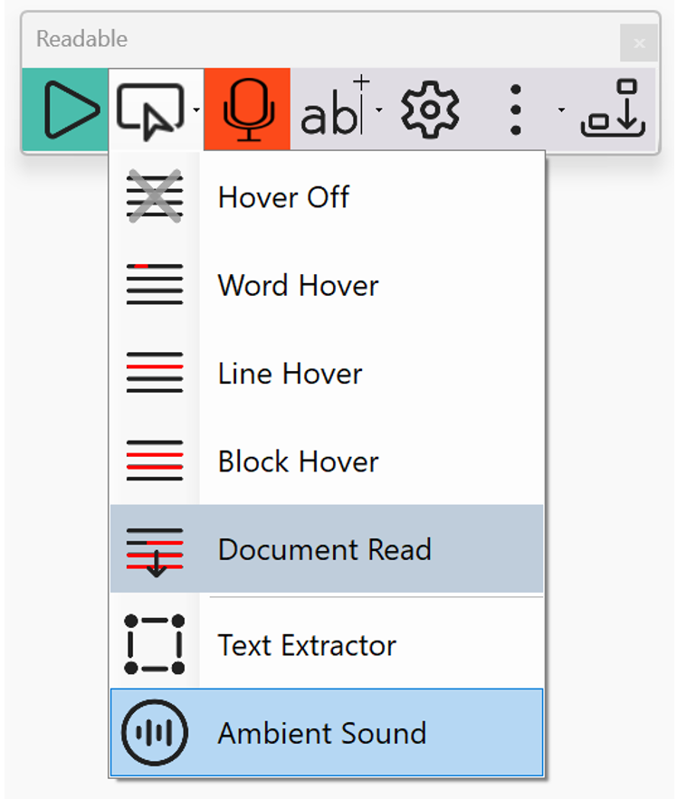 Readable toolbar showing the ambient sound on/off toggle button