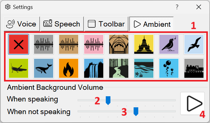 Readable Settings Ambient Sound tab with four areas: sound selection buttons, speaking volume slider, non-speaking volume slider, and a preview button