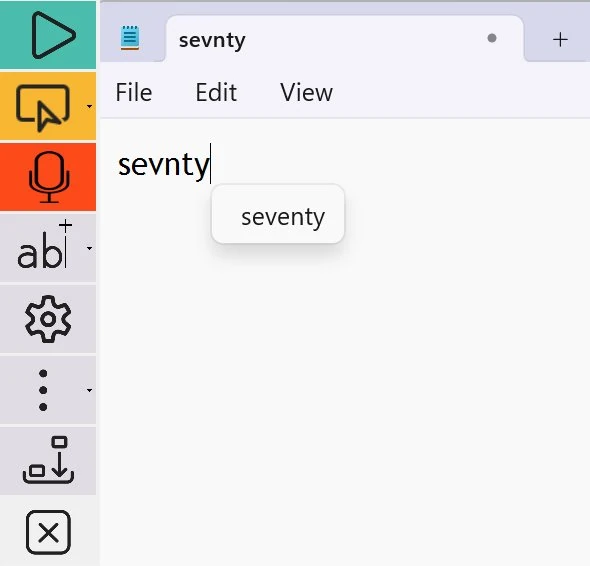 A Notepad window with the typed text 'sevnty' showing an autocorrect suggestion 'seventy' just below the typed word, ready to be applied.