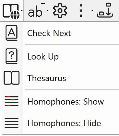 The Word Check dropdown menu showing Check Next as the first option, with Look Up, Thesaurus, Homophones: Show, and Homophones: Hide below it.