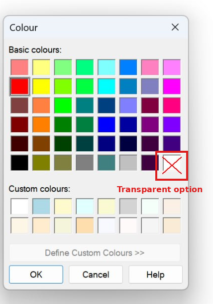 The Windows colour picker dialog opened from the Underline Colour button. The X-marked icon at the bottom-right of the Basic colours grid is highlighted with a red box and labelled 'Transparent option'.