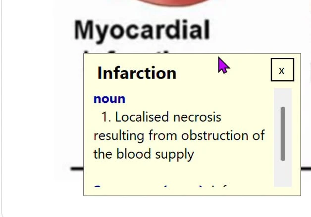 The Word Information popup showing a definition: Infarction, noun, &lsquo;Localised necrosis resulting from obstruction of the blood supply&rsquo; &mdash; read from an on-screen heading image.