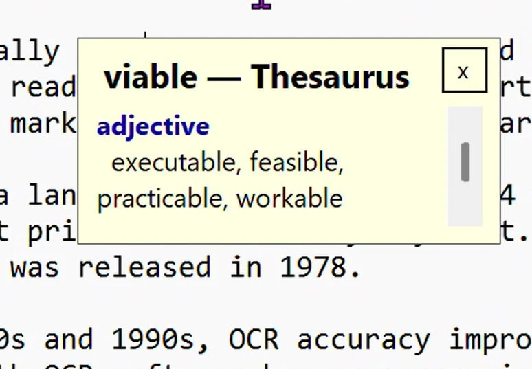 The Word Information popup in thesaurus mode, showing &lsquo;viable &mdash; Thesaurus&rsquo;, adjective: executable, feasible, practicable, workable.