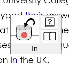 The Word Information popup shown over the word 'in' in a document. The popup displays a pictogram of a glass with a red dot, with icon buttons below for the full definition and thesaurus entry — visible without breaking the reader's flow.