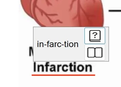 The Ctrl+Shift hover popup over the word 'Infarction' showing the syllable breakdown 'in-farc-tion' and two icons — a question-mark icon and a book icon — for opening more information or a full definition.