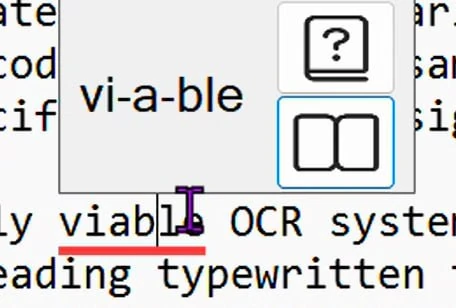 The Ctrl+Shift hover popup over the word 'viable' showing the syllable breakdown 'vi-a-ble' and two icons. The book icon (representing the thesaurus) is highlighted with a blue outline, indicating it has been selected.