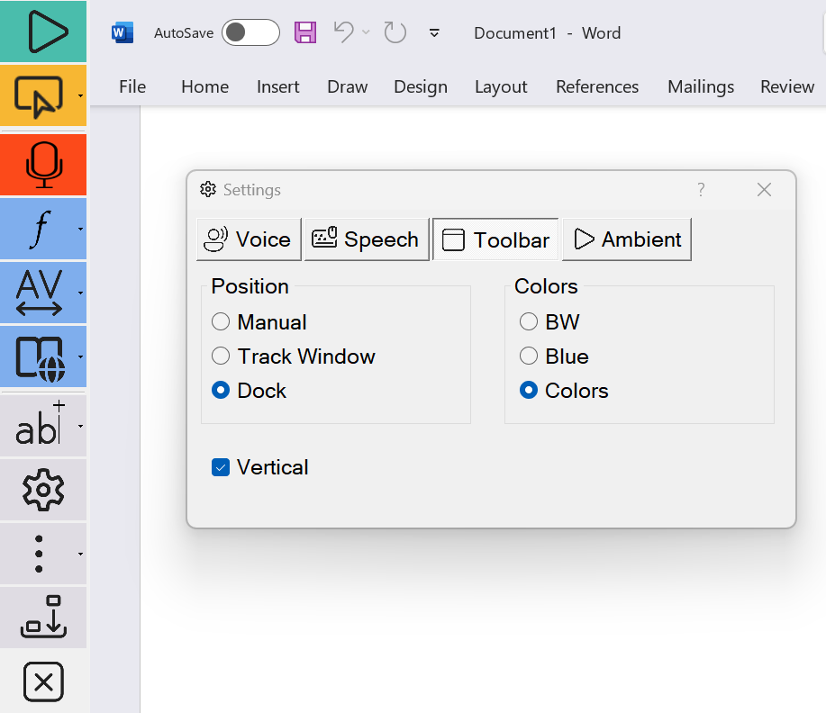 Readable toolbar in vertical docked position fixed to the left side of the screen