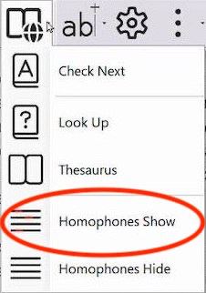 Readable Homophones Show button in the Word Check menu