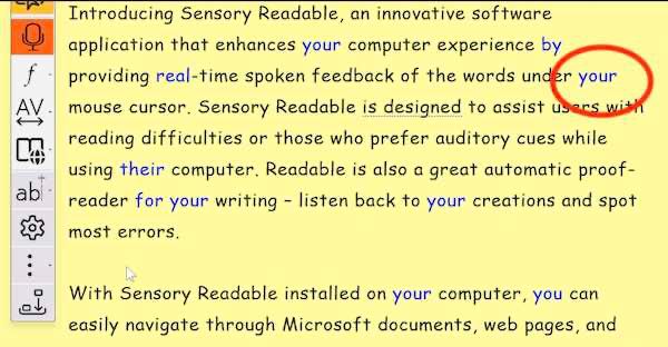 Microsoft Word document with homophones highlighted in blue text after using Readable Homophones Show