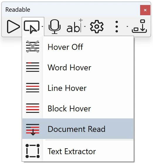 The Readable Hover dropdown menu showing six options: Hover Off (with an X icon), Word Hover, Line Hover, Block Hover, Document Read (highlighted as the current selection), and Text Extractor.