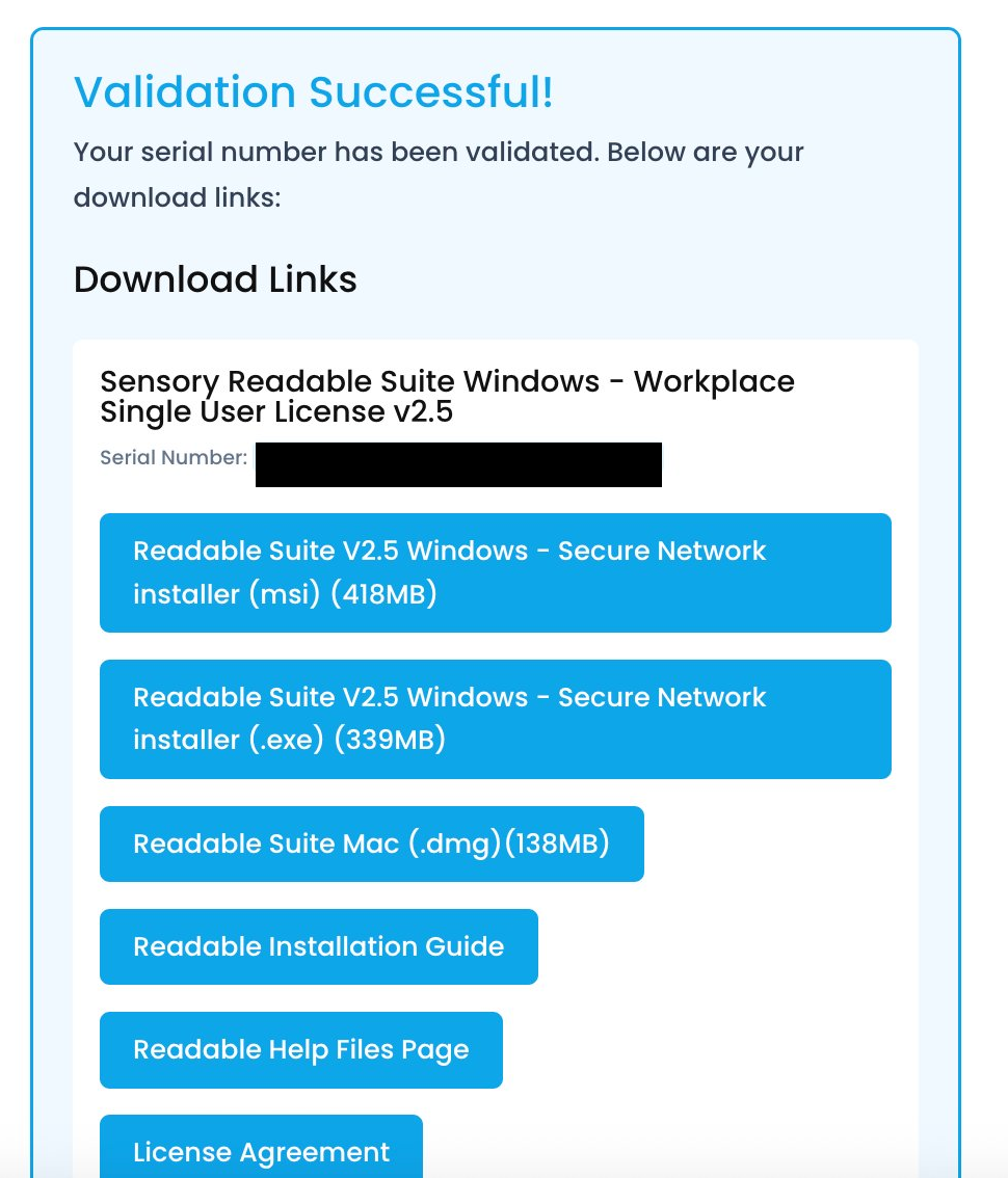 The 'Validation Successful!' panel showing download links — the Windows installers (.msi and .exe), the Mac .dmg, the installation guide, the help files page and the licence agreement.
