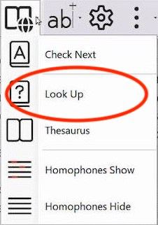 Readable Word Check menu LookUp button for accessing word definitions