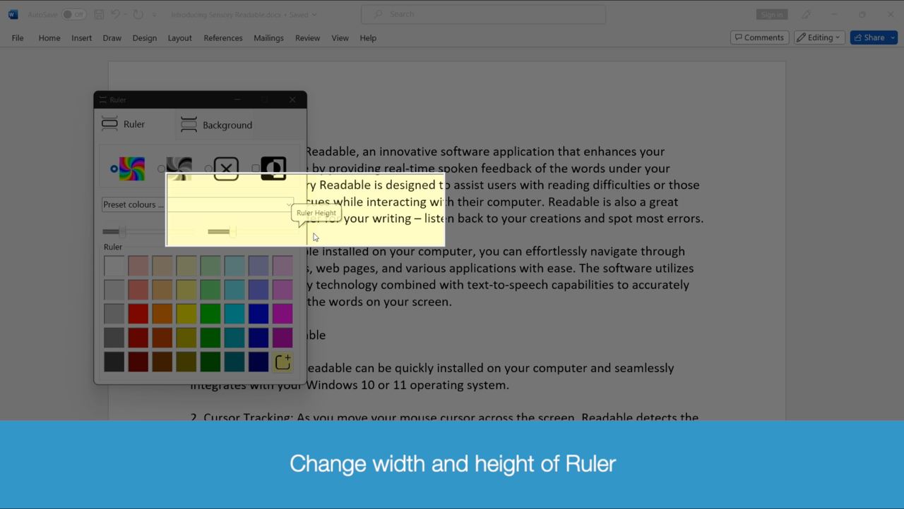 Sensory Ruler screen reading ruler overlay showing a coloured band across a Windows screen to help focus on a line of text