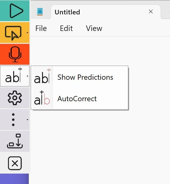 The Readable toolbar's word-prediction dropdown menu, showing two options: Show Predictions and AutoCorrect. The Notepad app is visible to the right with the title bar 'Untitled' and the File, Edit, View menus.