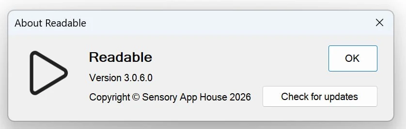 The About Readable dialog showing the application name, version number, copyright, an OK button, and a Check for updates button at the bottom.