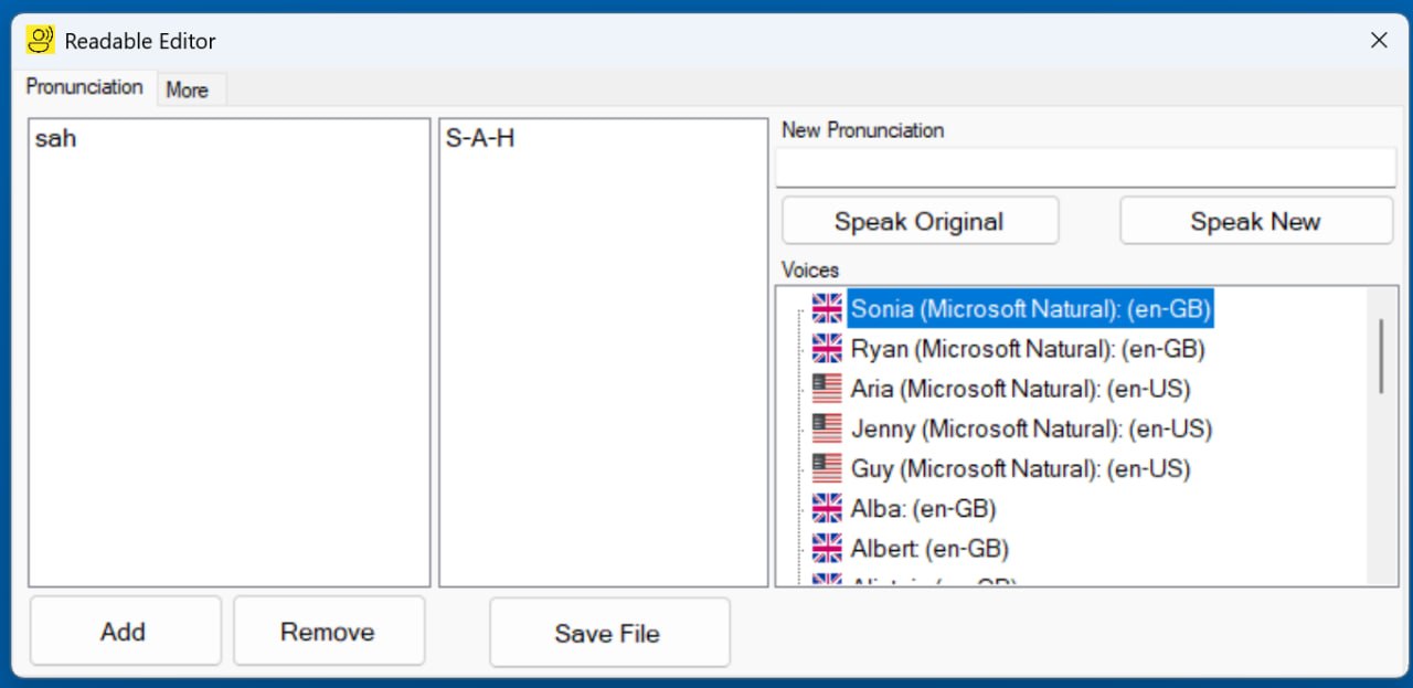 The Pronunciation tab in the Readable Editor. Two list columns show 'sah' on the left mapped to 'S-A-H' on the right. To the right, a New Pronunciation field, Speak Original and Speak New buttons, and a Voices list showing on-device voices — Microsoft Natural voices Sonia and Ryan (en-GB), Aria, Jenny and Guy (en-US), then Sensory voices Alba, Albert and Alistair (en-GB). Bottom-row buttons: Add, Remove, Save File.
