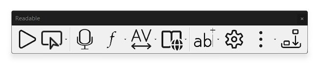 Sensory Readable toolbar in monochrome (black-and-white) mode, showing the same buttons as the colour layout without the coloured backgrounds.