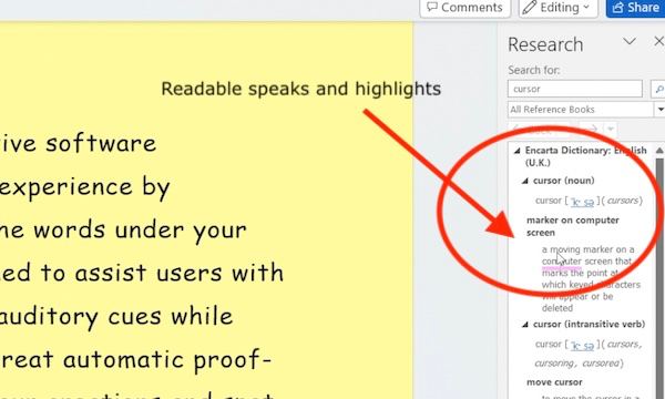 Microsoft Word Research pane opened through Readable showing word definition and usage information