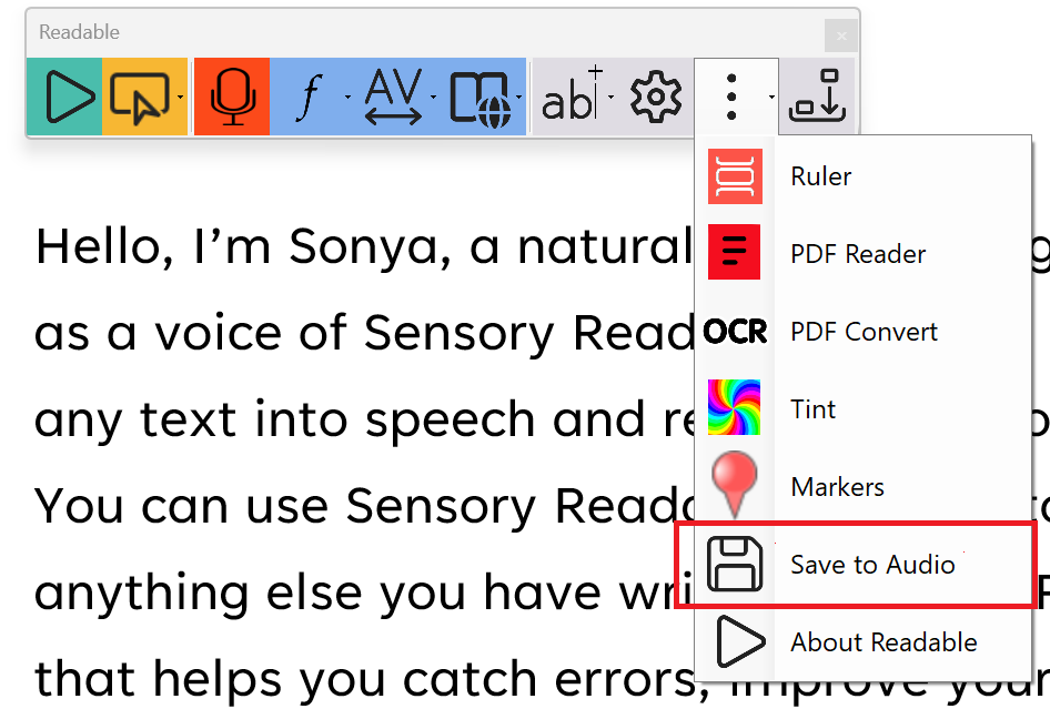 Readable Save to Audio converter interface with file location and name fields