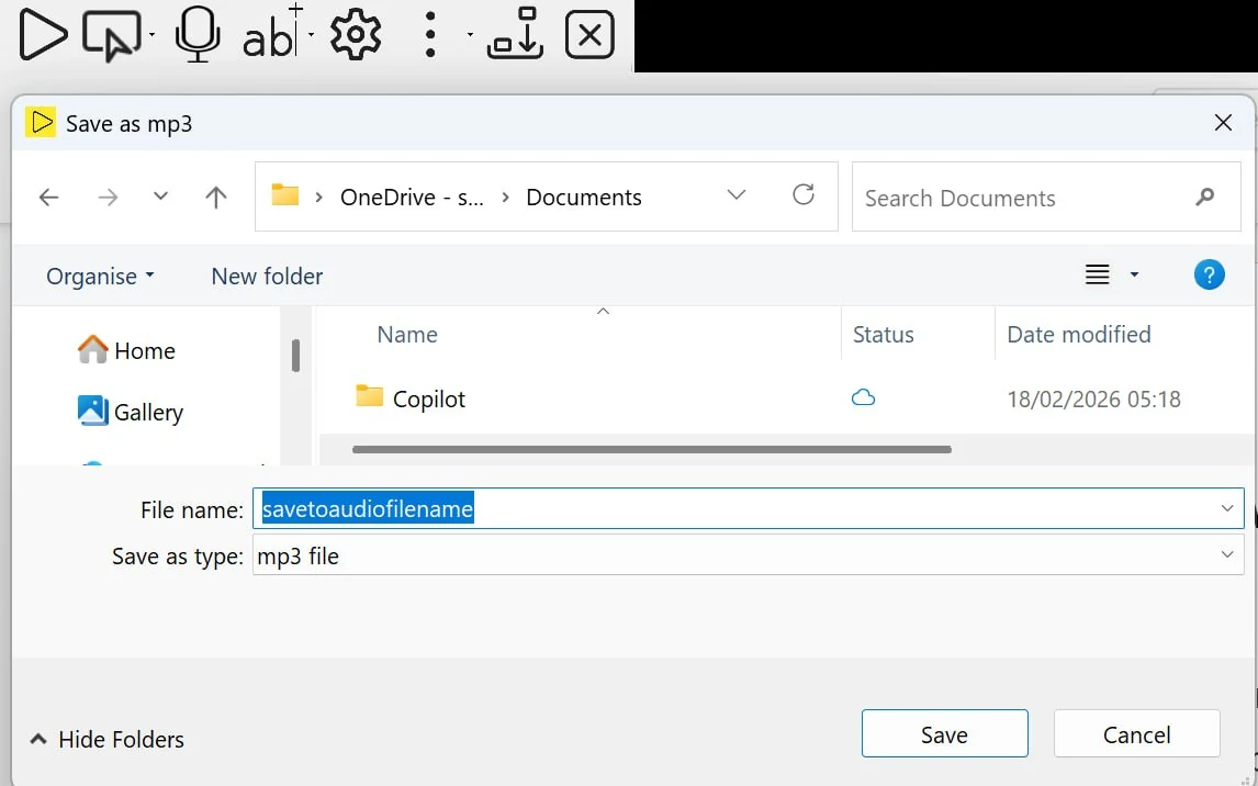 The 'Save as mp3' dialog with a yellow Readable Play icon in the title bar. The dialog shows OneDrive Documents folder with one subfolder (Copilot), a file name field showing 'savetoaudiofilename' selected, the file type set to 'mp3 file', and Save and Cancel buttons at the bottom right.