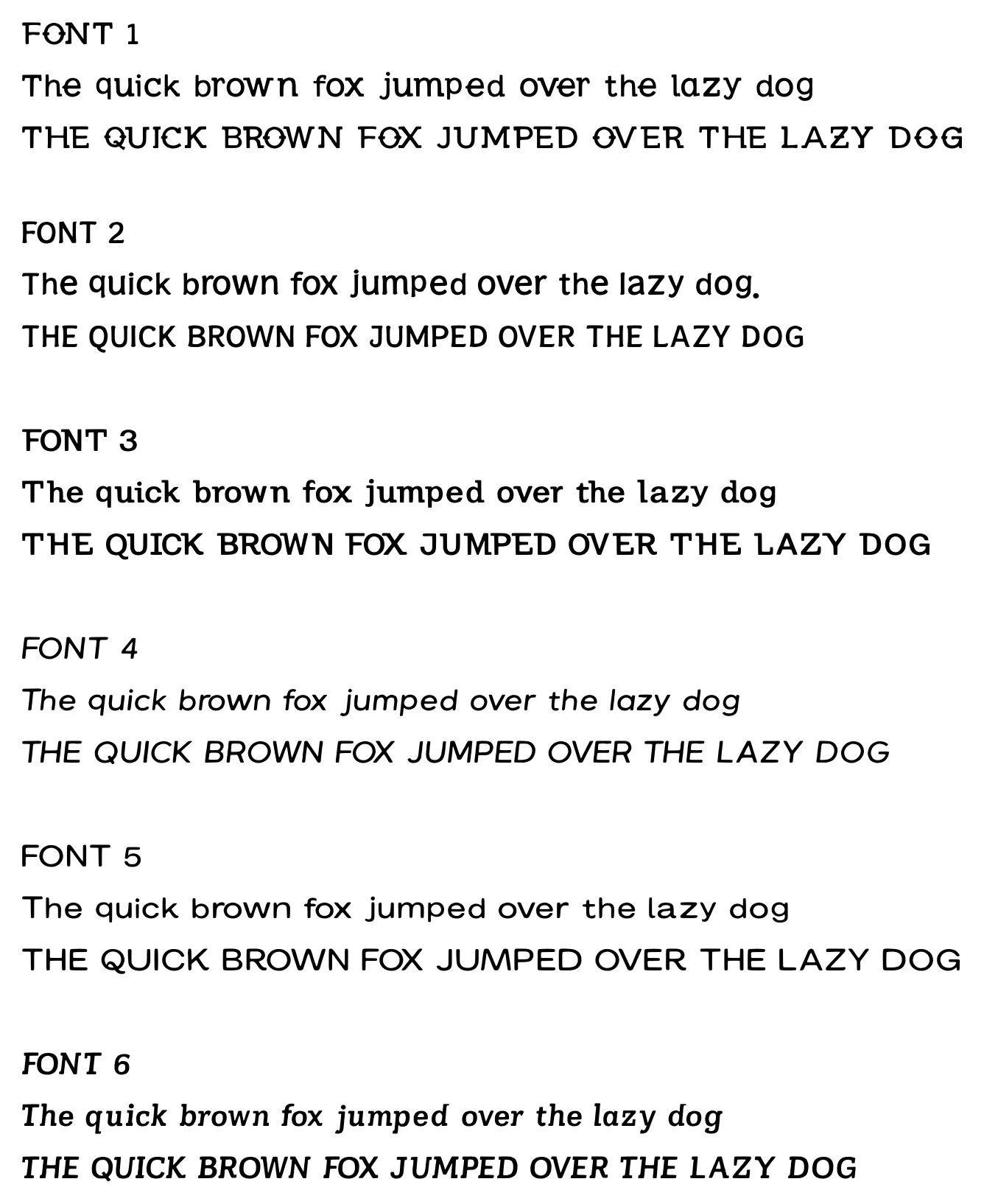 Preview of the six Sensory Fonts, each shown as 'The quick brown fox jumped over the lazy dog' in mixed case and uppercase.