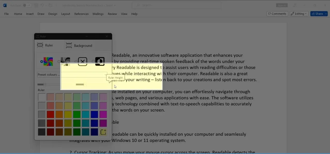 Sensory Ruler displayed across a Windows screen as a coloured horizontal band over a Word document, with the settings dialog open showing Ruler and Background tabs.