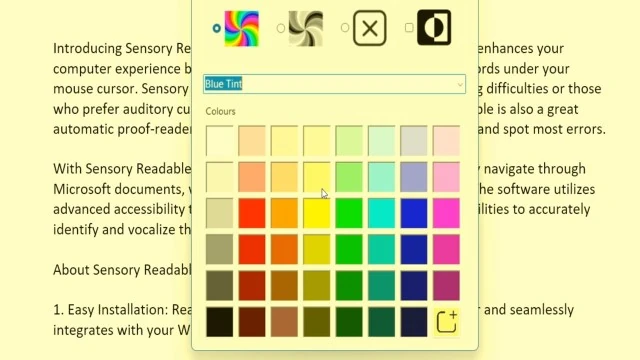 The Sensory Tint window showing the four mode icons across the top — Full Colour (rainbow swirl, selected), Mono (monochrome swirl), None (cross), Inverted (half-circle) — a Blue Tint preset dropdown, and a colour palette grid below it with rows of swatches in pale yellows, warm pinks, vivid colours, and deeper shades.
