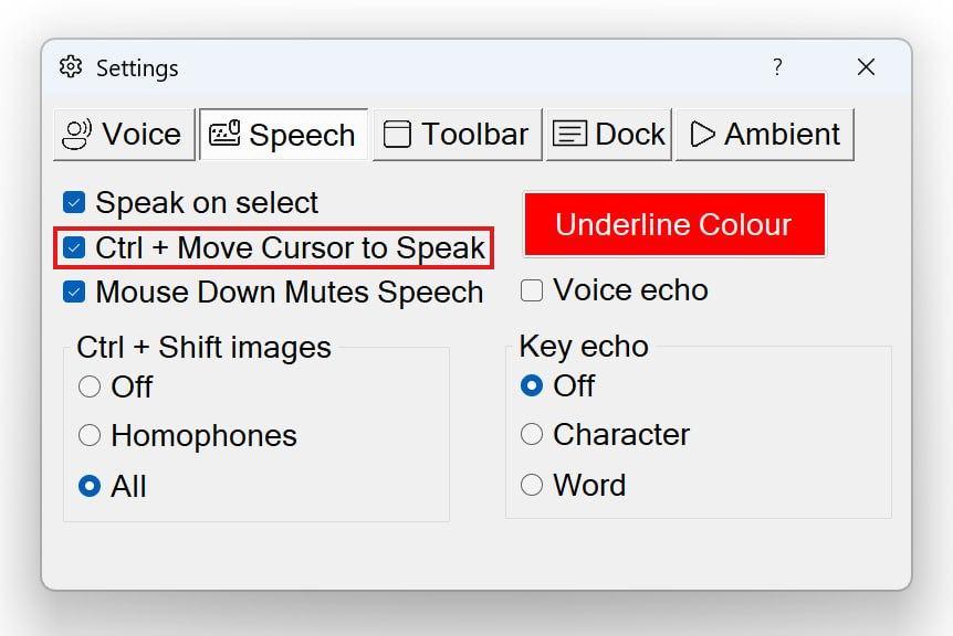 The Speech tab of Settings with the 'Ctrl + Move Cursor to Speak' checkbox highlighted in red.