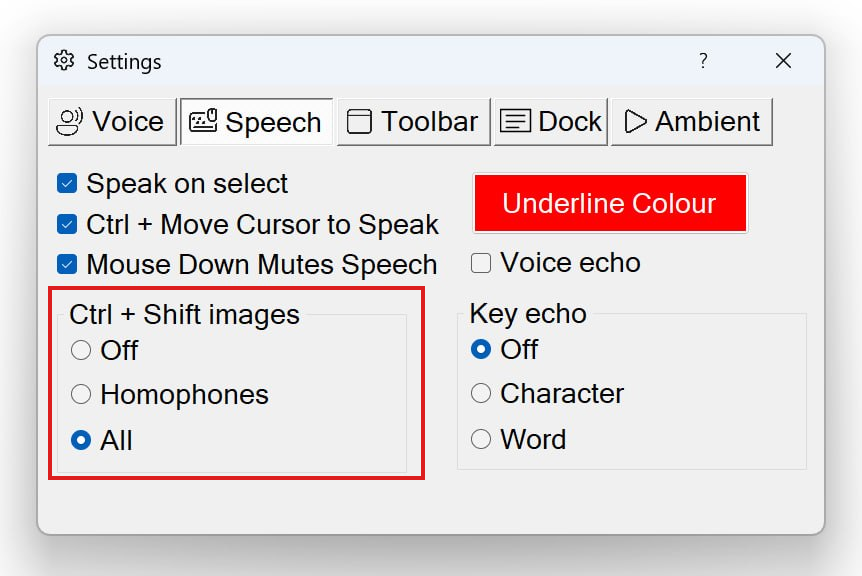 The Speech tab of Settings with the 'Ctrl + Shift images' radio group (Off / Homophones / All) highlighted in red.