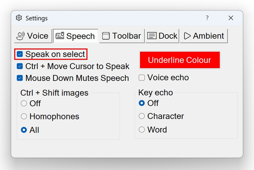 The Speech tab of Settings with the 'Speak on select' checkbox highlighted in red.