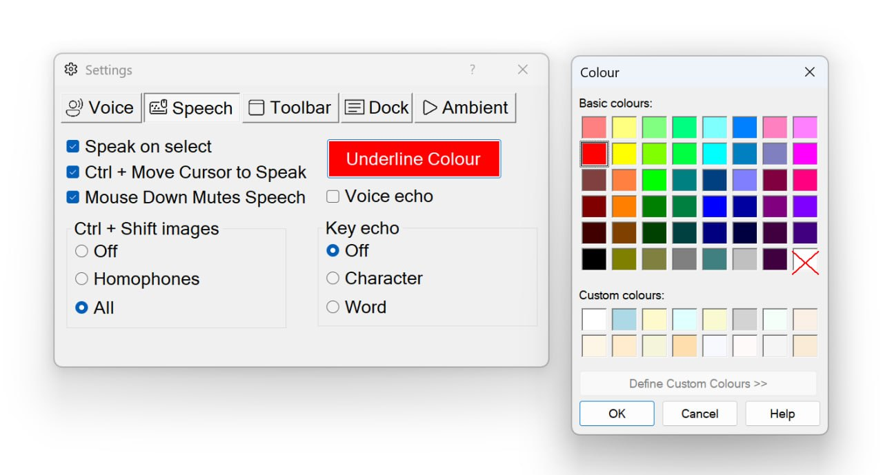 The Speech tab of Settings, alongside the Windows Colour picker dialog opened from the Underline Colour button. The button itself is currently red, indicating the chosen underline colour.