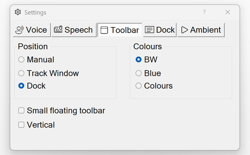 The Settings dialog Toolbar tab showing Position options (Manual, Track Window, Dock), Colours options (BW, Blue, Colours), and Small floating toolbar / Vertical checkboxes.