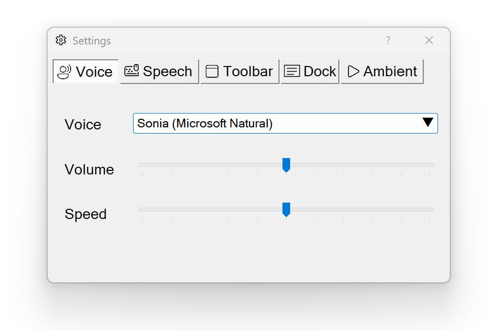 The Voice tab of the Settings dialog. The Voice dropdown shows 'Sonia (Microsoft Natural)' selected. Below are Volume and Speed sliders, both set near the middle.
