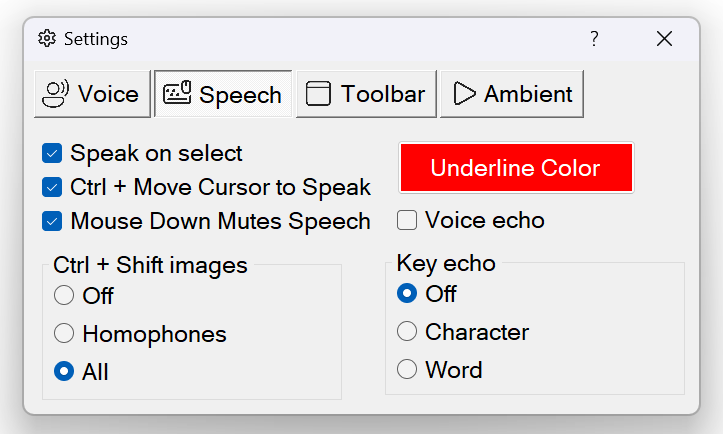 Readable Speech Settings tab showing Speak on Select, CTRL+Move Cursor to Speak, Mouse Down Mutes Speech, Underline Colour, CTRL+Shift and Key Echo options