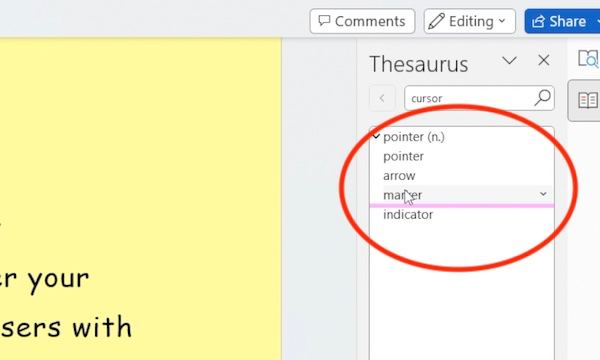 Readable Thesaurus panel in Microsoft Word showing synonyms for the selected word
