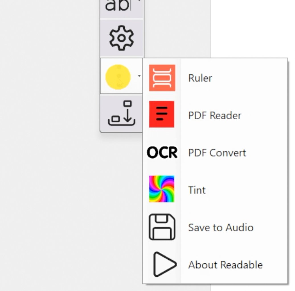 The More button dropdown showing Ruler, PDF Reader, PDF Convert, Tint, Save to Audio and About Readable.