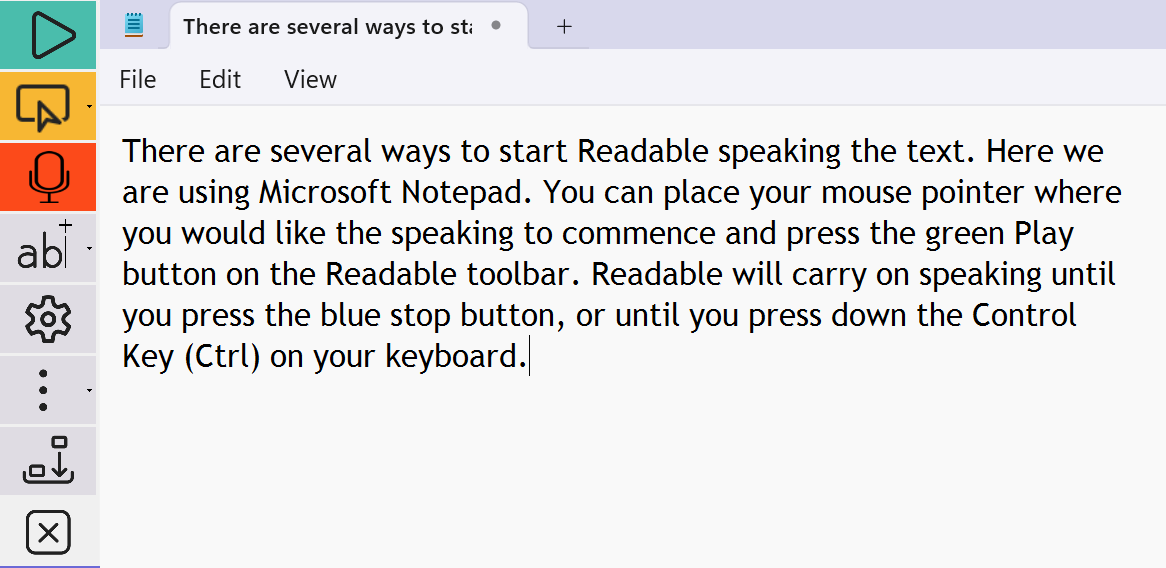 Sensory Readable toolbar in vertical layout used with Microsoft Notepad