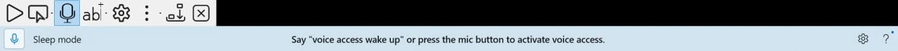 The Readable toolbar with the microphone (Voice Typing) button highlighted, and below it the Microsoft Windows Voice Access toolbar in sleep mode displaying the prompt: Say 'voice access wake up' or press the mic button to activate voice access.
