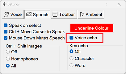 Readable Settings Speech tab showing the Voice Echo option for reading back dictated text