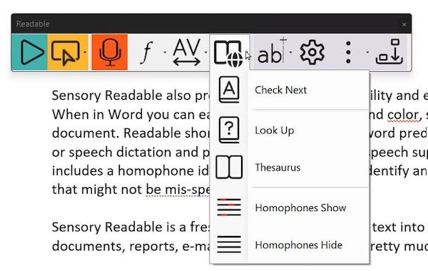 Readable Word Check menu in Microsoft Word showing Spellcheck, LookUp, Thesaurus, Homophones and word pop-up buttons