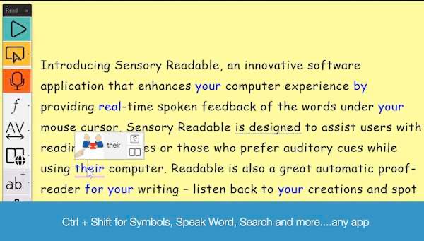 Readable word pop-up showing syllable splits and a Sensory symbol indicating a homophone