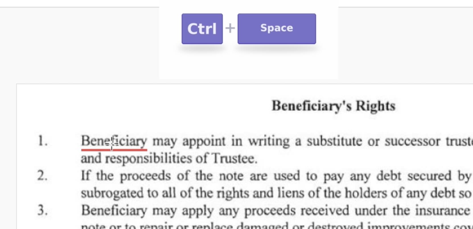 A document with the word 'Beneficiary' marked by a red Word Underline as Readable reads it aloud; the Ctrl+Space shortcut is shown above, used here to start reading.
