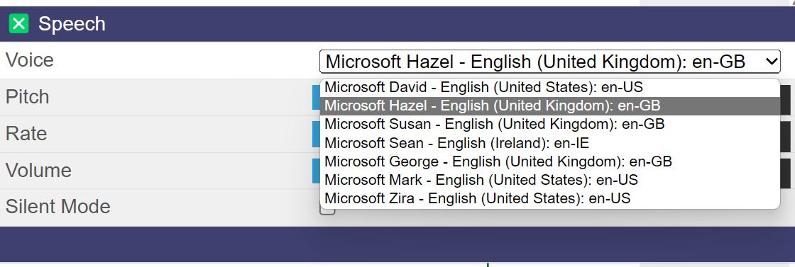 Sensory PDF Reader voice selection list showing available text-to-speech voices