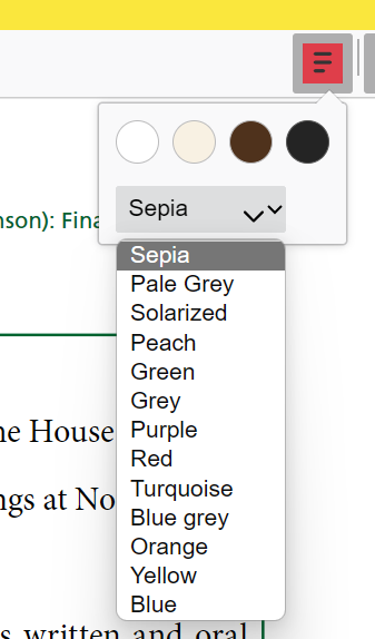 Sensory PDF Reader background colour selection palette showing preset colour options