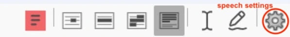 The Sensory PDF Reader toolbar with the speech settings button (the cog icon on the right) circled and labelled.
