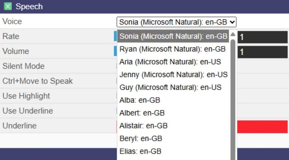 The Sensory PDF Reader Speech panel with the Voice list open, showing Microsoft Natural voices (Sonia and Ryan, UK; Aria, Jenny and Guy, US) and Sensory voices (Alba, Albert, Alistair, Beryl, Elias).