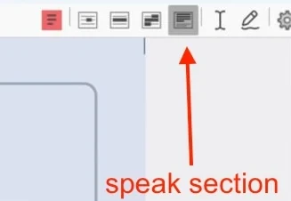 Close-up of the Sensory PDF Reader toolbar with the Speak Section button highlighted and labelled.
