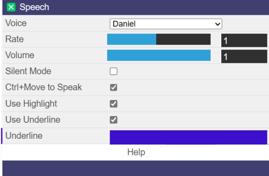 Sensory PDF Reader settings panel showing voice selection, pitch, speaking rate, volume and highlight colour options